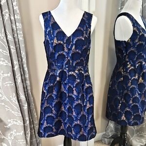 J. Crew Factory Blue Peacock Jacquard Sleeveless Fit and Flare Party Dress